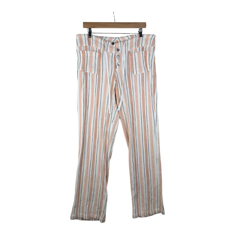Sundance Striped Linen-Blend Wide Leg Pants in White, Tan & Blue